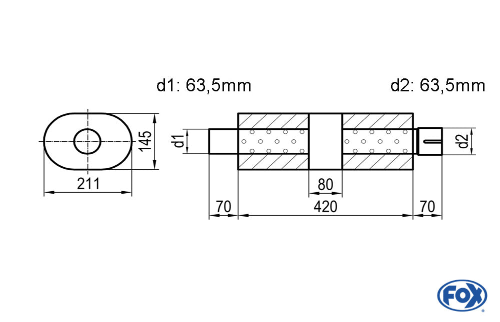 FOX Uni-Schalldämpfer Oval mit Kammer + Stutzen - Abw. 585 211x145, d1Ø 63,5mm (außen), d2Ø 63,5mm (innen), Länge: 420mm