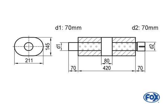 FOX Uni-Schalldämpfer Oval mit Kammer + Stutzen - Abw. 585 211x145, d1Ø 70mm (außen), d2Ø 70mm (innen), Länge: 420mm