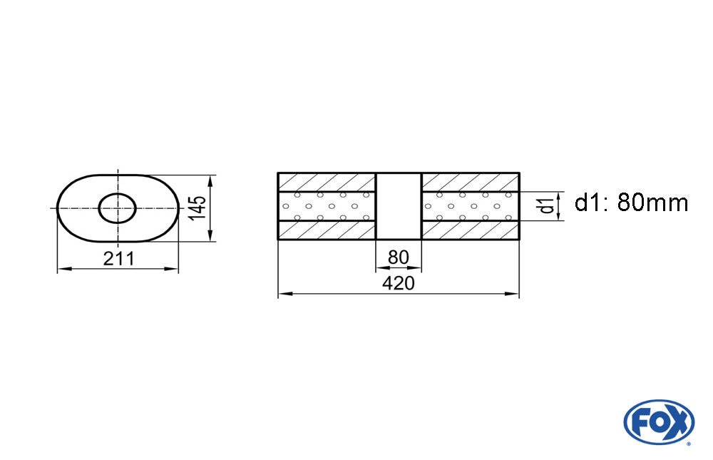 FOX Uni-Schalldämpfer Oval ohne Stutzen mit Kammer - Abw. 585 211x145mm, d1Ø 80mm (außen), Länge: 420mm