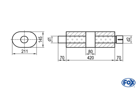 FOX Uni-Schalldämpfer Oval mit Kammer + Stutzen - Abw. 585 211x145, d1Ø 88,9mm (außen), d2Ø 88,9mm (innen), Länge: 420mm