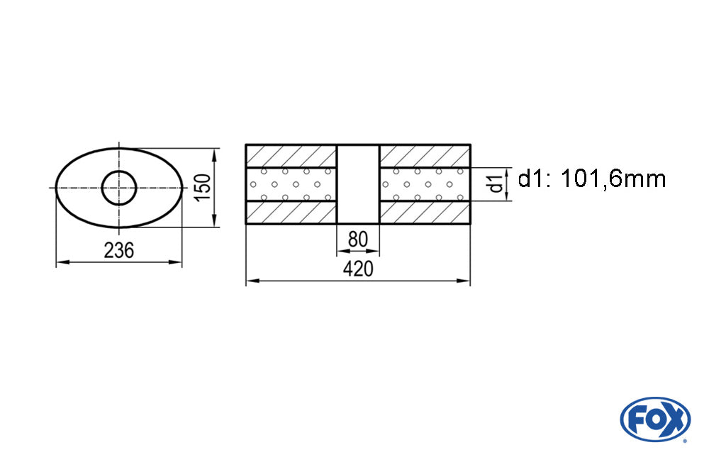 FOX Uni-Schalldämpfer oval ohne Stutzen mit Kammer - Abw. 618 236x150mm, d1Ø 101,6mm, Länge: 420mm