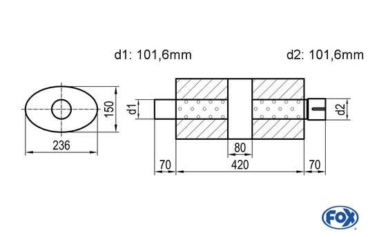 FOX Uni-Schalldämpfer oval mit Kammer + Stutzen - Abw. 618 236x150mm, d1Ø 101,6mm (außen) d2Ø 101,6mm (innen), Länge: 420mm