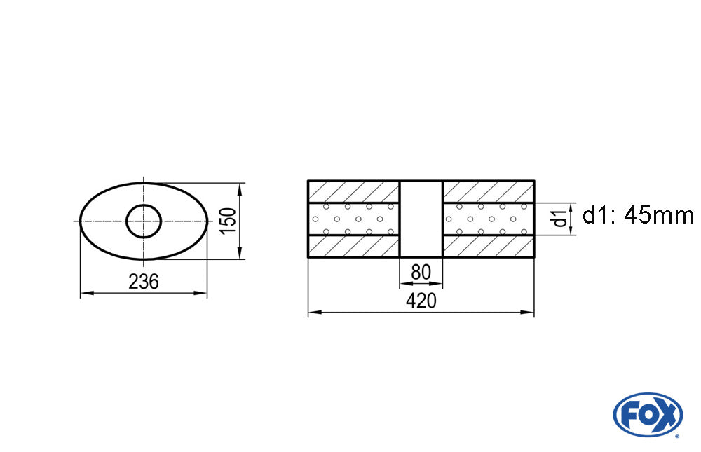 FOX Uni-Schalldämpfer oval ohne Stutzen mit Kammer - Abw. 618 236x150mm, d1Ø 45mm, Länge: 420mm