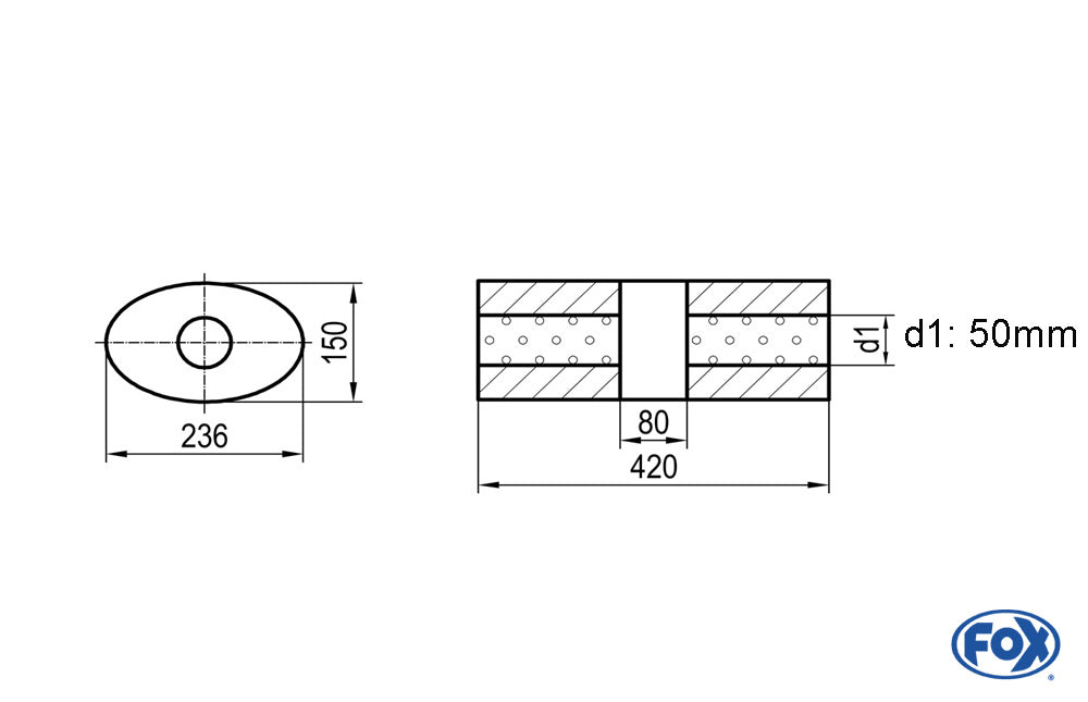 FOX Uni-Schalldämpfer oval ohne Stutzen mit Kammer - Abw. 618 236x150mm, d1Ø 50mm, Länge: 420mm