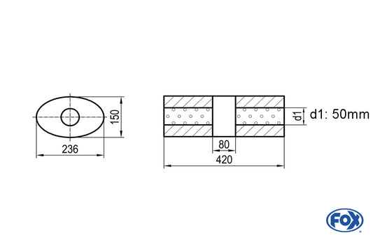 FOX Uni-Schalldämpfer oval ohne Stutzen mit Kammer - Abw. 618 236x150mm, d1Ø 50mm, Länge: 420mm