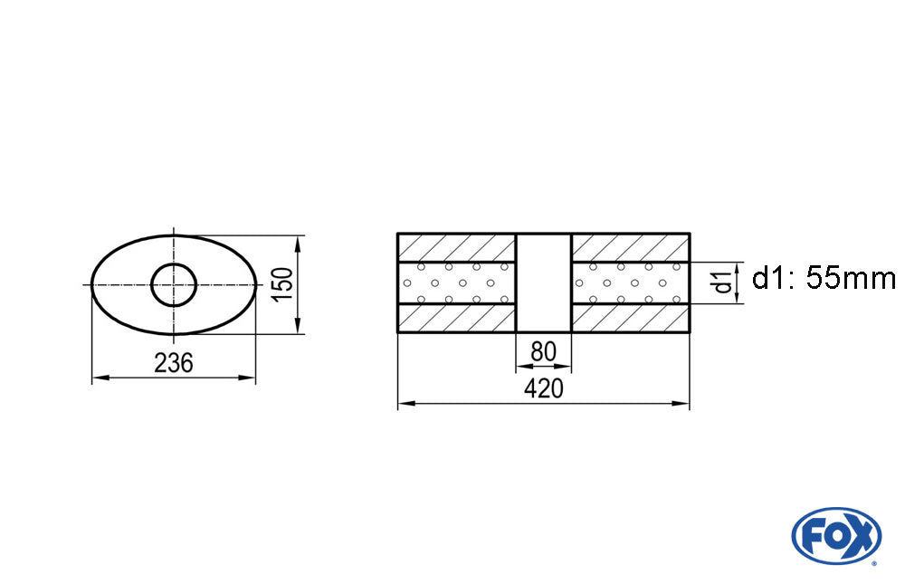 FOX Uni-Schalldämpfer oval ohne Stutzen mit Kammer - Abw. 618 236x150mm, d1Ø 55mm, Länge: 420mm