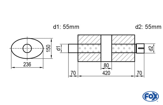 FOX Uni-Schalldämpfer oval mit Kammer + Stutzen - Abw. 618 236x150, d1Ø 55mm (außen) d2Ø 55mm (innen), Länge: 420mm