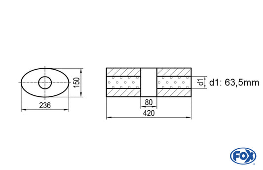 FOX Uni-Schalldämpfer oval ohne Stutzen mit Kammer - Abw. 618 236x150mm, d1Ø 63,5mm, Länge: 420mm