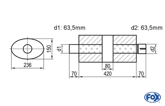 FOX Uni-Schalldämpfer oval mit Kammer + Stutzen - Abw. 618 236x150, d1Ø 63,5mm (außen) d2Ø 63,5mm (innen), Länge: 420mm