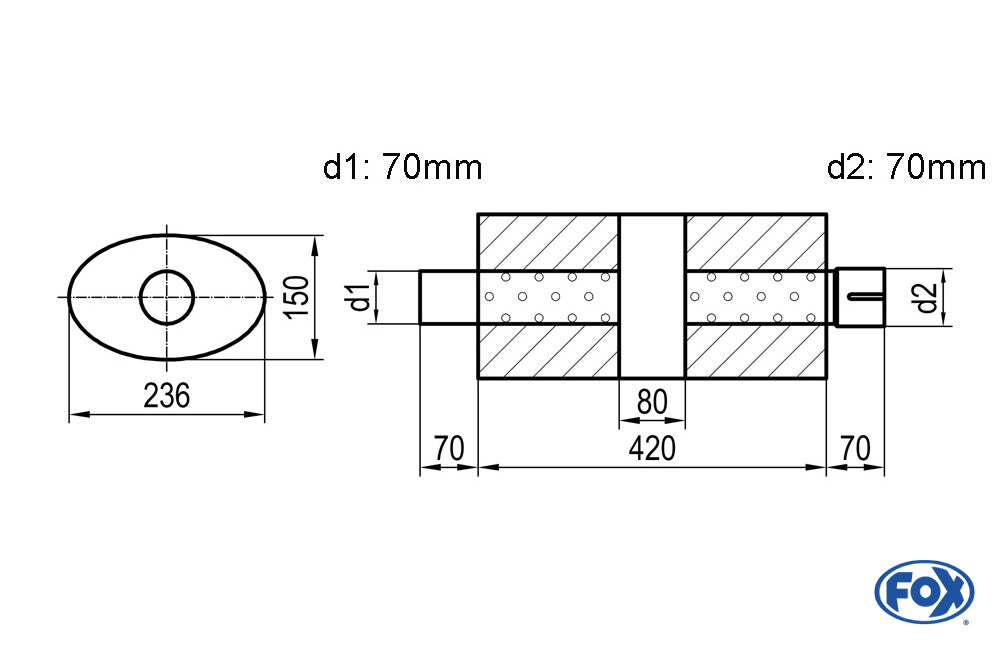 FOX Uni-Schalldämpfer oval mit Kammer + Stutzen - Abw. 618 236x150, d1Ø 70mm (außen) d2Ø 70mm (innen), Länge: 420mm