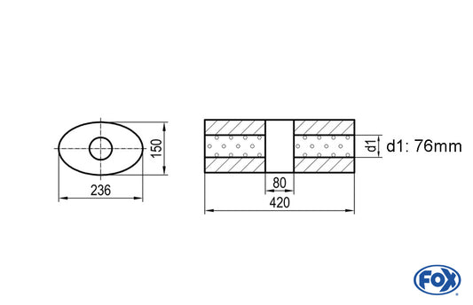 FOX Uni-Schalldämpfer oval ohne Stutzen mit Kammer - Abw. 618 236x150, d1Ø 76mm (außen), Länge: 420mm