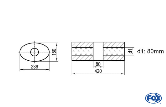 FOX Uni-Schalldämpfer oval ohne Stutzen mit Kammer - Abw. 618 236x150, d1Ø 80mm (außen), Länge: 420mm