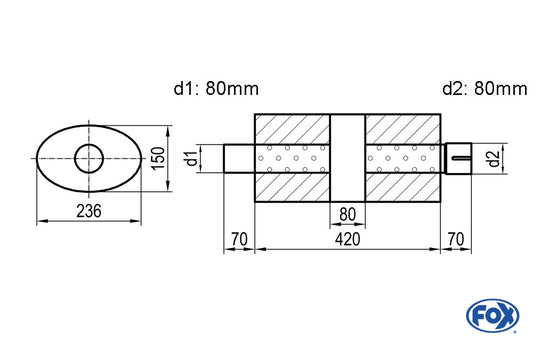 FOX Uni-Schalldämpfer oval mit Kammer + Stutzen - Abw. 618 236x150, d1Ø 80mm (außen) d2Ø 80mm (innen), Länge: 420mm