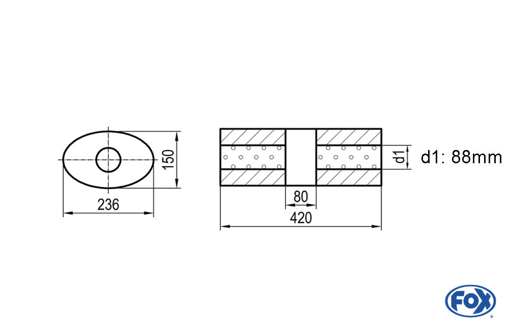 FOX Uni-Schalldämpfer oval ohne Stutzen mit Kammer - Abw. 618 236x150mm, d1Ø 88,9mm (außen), Länge: 420mm