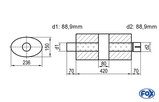 FOX Uni-Schalldämpfer oval mit Kammer + Stutzen - Abw. 618 236x150mm, d1Ø 88,9mm (außen) d2Ø 88,9mm (innen), Länge: 420mm