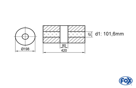 FOX Uni-Schalldämpfer rund ohne Stutzen mit Kammer - Abw. 626 Ø 198mm, d1Ø 101,6mm (außen), Länge: 420mm