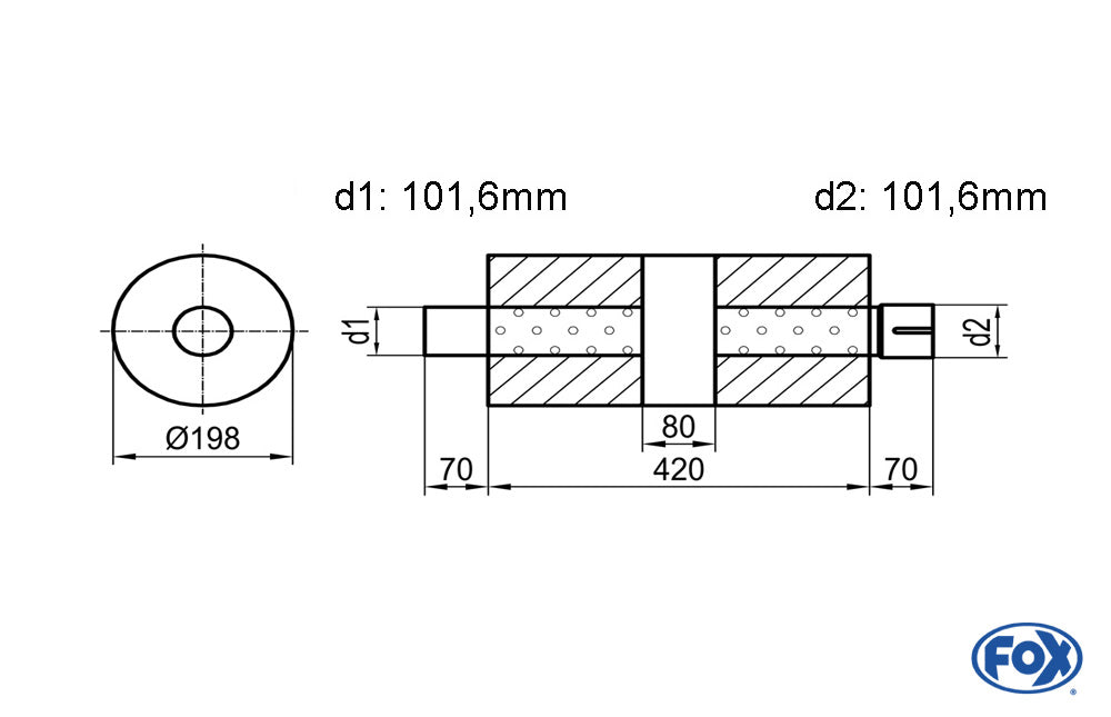 FOX Uni-Schalldämpfer rund mit Kammer + Stutzen - Abw. 626 Ø 198mm, d1Ø 101mm (außen)  d2Ø 101mm (innen) , Länge: 420mm