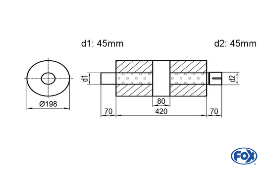 FOX Uni-Schalldämpfer rund  mit Kammer + Stutzen - Abw. 626 Ø 198mm, d1Ø 45mm (außen), d2Ø 45mm (innen), Länge: 420mm
