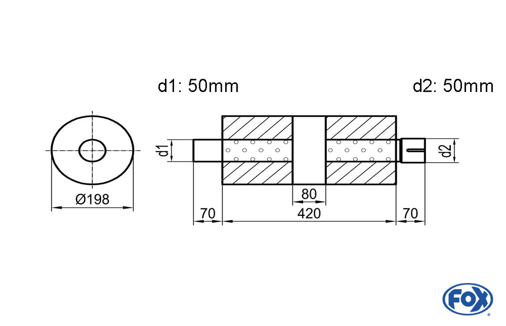 FOX Uni-Schalldämpfer rund  mit Kammer + Stutzen - Abw. 626 Ø 198mm, d1Ø 50mm (außen), d2Ø 50mm (innen), Länge: 420mm