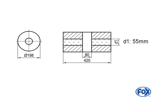 FOX Uni-Schalldämpfer rund ohne Stutzen mit Kammer - Abw. 626 Ø 198mm, d1Ø 55mm (außen), Länge: 420mm
