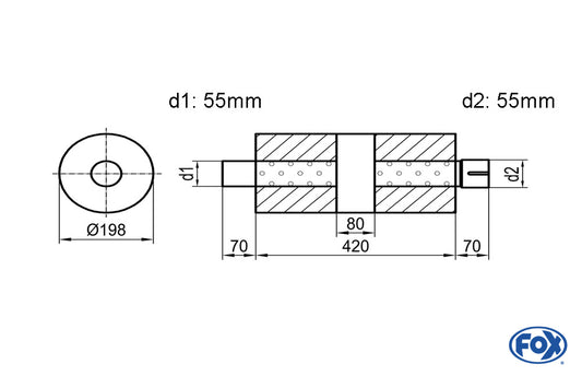 FOX Uni-Schalldämpfer rund mit Kammer + Stutzen - Abw. 626 Ø 198mm, d1Ø 55mm (außen)  d2Ø 55,5mm (innen), Länge: 420mm