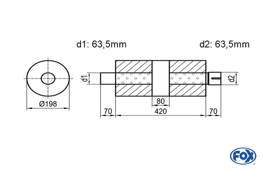 FOX Uni-Schalldämpfer rund mit Kammer + Stutzen - Abw. 626 Ø 198mm, d1Ø 63,5mm (außen) d2Ø 63,5mm (innen), Länge: 420mm