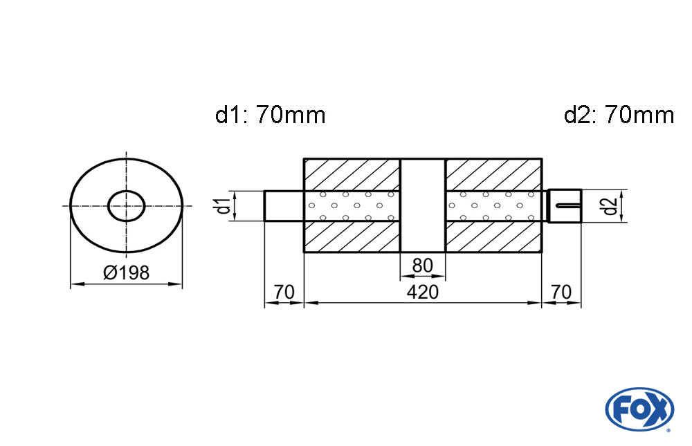 FOX Uni-Schalldämpfer rund mit Kammer + Stutzen - Abw. 626 Ø 198mm, d1Ø 70mm (außen)  d2Ø 70mm (innen), Länge: 420mm