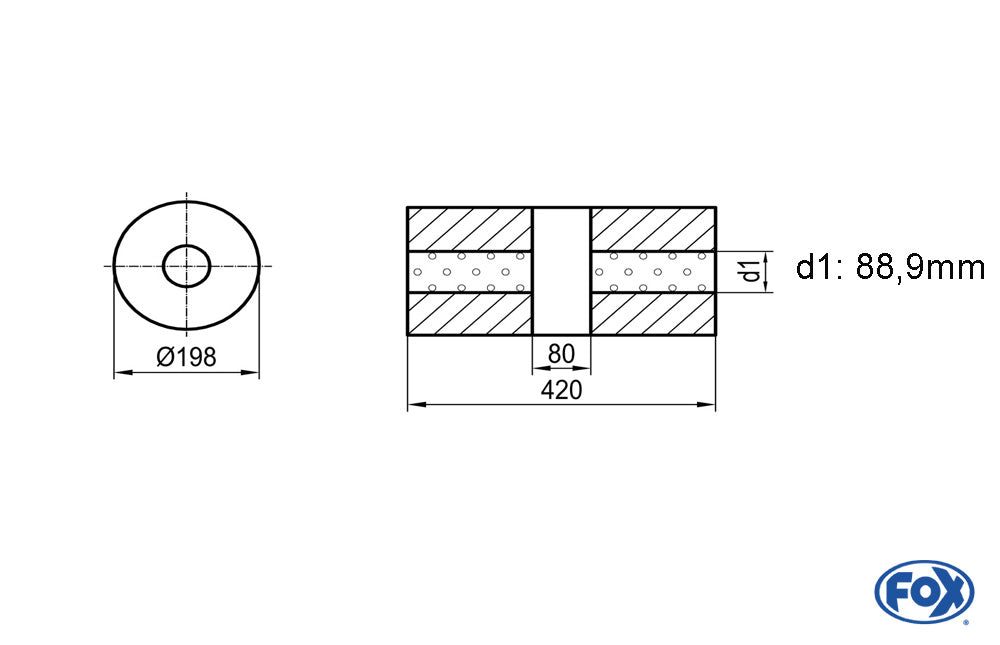 FOX Uni-Schalldämpfer rund ohne Stutzen mit Kammer - Abw. 626 Ø 198mm, d1Ø 88,9mm (außen), Länge: 420mm