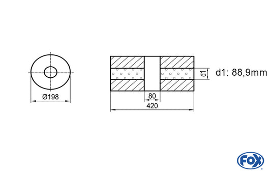 FOX Uni-Schalldämpfer rund ohne Stutzen mit Kammer - Abw. 626 Ø 198mm, d1Ø 88,9mm (außen), Länge: 420mm
