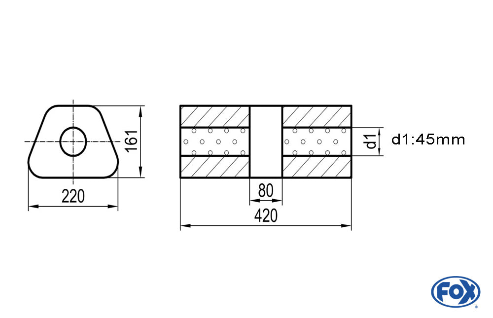 FOX Uni-Schalldämpfer trapez ohne Stutzen mit Kammer - Abw. 644 220x161mm, d1Ø 45mm, Länge: 420mm