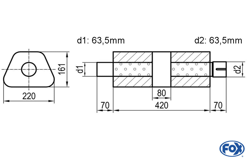 FOX Uni-Schalldämpfer trapez mit Kammer + Stutzen - Abw. 644 220x161mm, d1Ø 63,5mm (außen), d2Ø 63,5mm (innen), Länge: 420mm