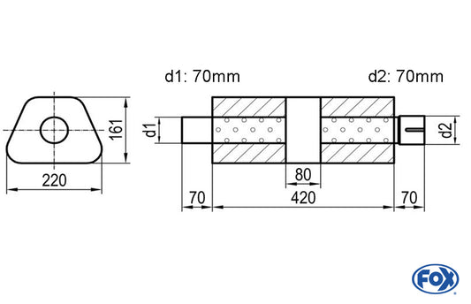 FOX Uni-Schalldämpfer trapez mit Kammer + Stutzen - Abw. 644 220x161mm, d1Ø 70mm (außen), d2Ø 70mm (innen), Länge: 420mm