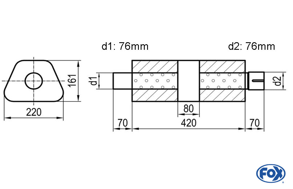 FOX Uni-Schalldämpfer trapez mit Kammer + Stutzen - Abw. 644 220x161mm, d1Ø 76mm (außen), d2Ø 76mm (innen), Länge: 420mm