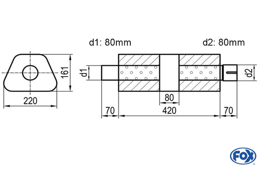 FOX Uni-Schalldämpfer trapez mit Kammer + Stutzen - Abw. 644 220x161mm, d1Ø 80mm (außen), d2Ø 80mm (innen), Länge: 420mm