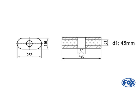 FOX Uni-Schalldämpfer oval ohne Stutzen mit Kammer - Abw. 650 262x116mm, d1Ø 45mm, Länge: 420mm