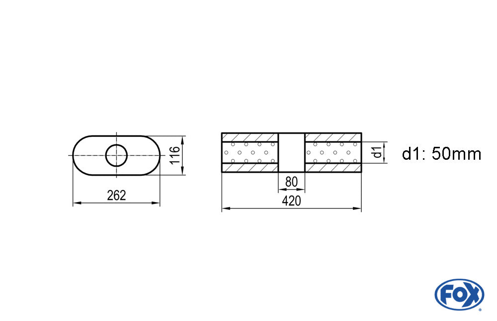 FOX Uni-Schalldämpfer oval ohne Stutzen mit Kammer - Abw. 650 262x116mm, d1Ø 50mm, Länge: 420mm