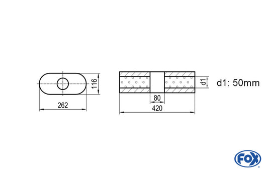 FOX Uni-Schalldämpfer oval ohne Stutzen mit Kammer - Abw. 650 262x116mm, d1Ø 50mm, Länge: 420mm