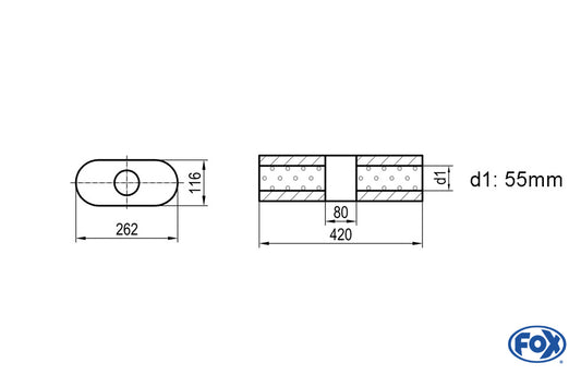 FOX Uni-Schalldämpfer oval ohne Stutzen mit Kammer - Abw. 650 262x116mm, d1Ø 55mm, Länge: 420mm