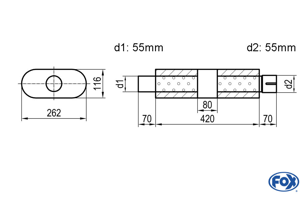 FOX Uni-Schalldämpfer oval mit Kammer + Stutzen - Abw. 650 262x116mm, d1Ø 55mm (außen), d2Ø 55mm (innen), Länge: 420mm