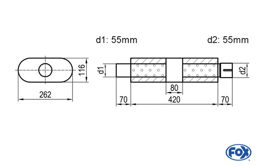 FOX Uni-Schalldämpfer oval mit Kammer + Stutzen - Abw. 650 262x116mm, d1Ø 55mm (außen), d2Ø 55mm (innen), Länge: 420mm