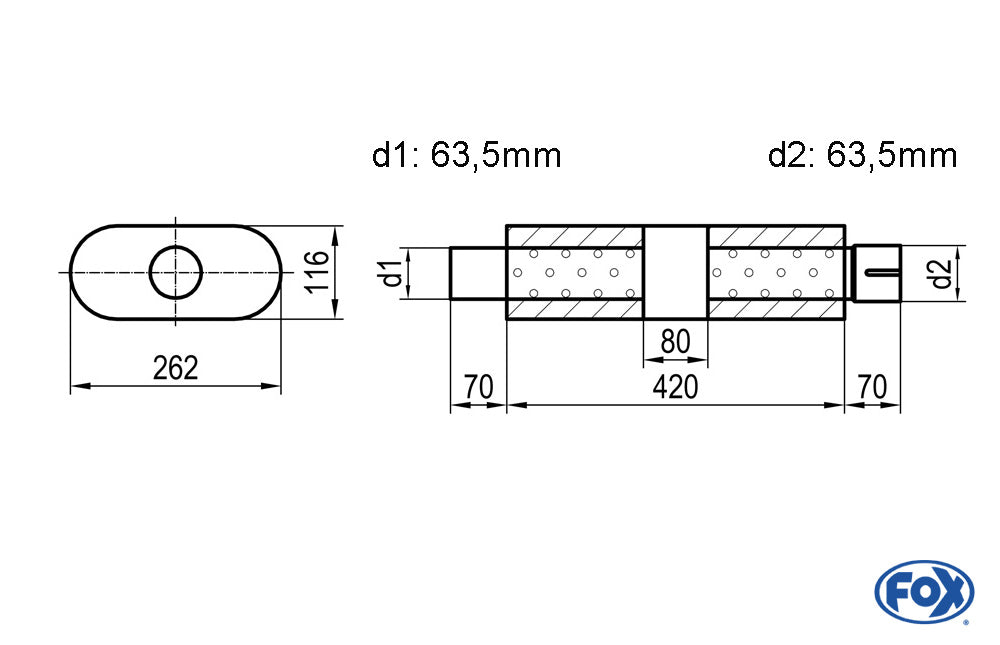 FOX Uni-Schalldämpfer oval mit Kammer + Stutzen - Abw. 650 262x116mm, d1Ø 63,5mm (außen), d2Ø 63,5mm (innen), Länge: 420mm