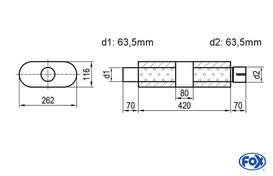 FOX Uni-Schalldämpfer oval mit Kammer + Stutzen - Abw. 650 262x116mm, d1Ø 63,5mm (außen), d2Ø 63,5mm (innen), Länge: 420mm