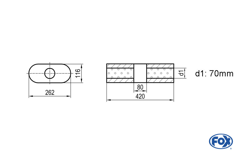 FOX Uni-Schalldämpfer oval ohne Stutzen mit Kammer - Abw. 650 262x116mm, d1Ø 70mm, Länge: 420mm