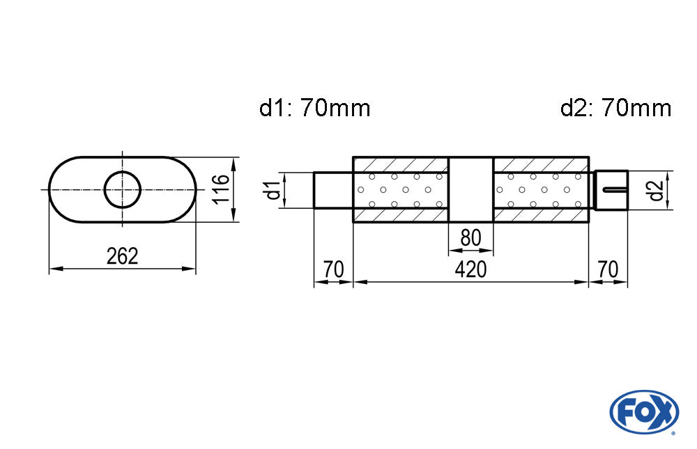 FOX Uni-Schalldämpfer oval mit Kammer + Stutzen - Abw. 650 262x116mm, d1Ø 70mm (außen), d2Ø 70mm (innen), Länge: 420mm