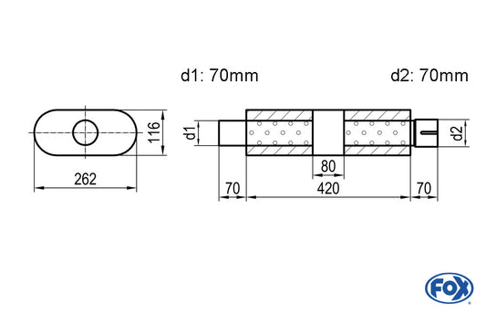 FOX Uni-Schalldämpfer oval mit Kammer + Stutzen - Abw. 650 262x116mm, d1Ø 70mm (außen), d2Ø 70mm (innen), Länge: 420mm