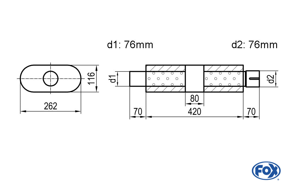 FOX Uni-Schalldämpfer oval mit Kammer + Stutzen - Abw. 650 262x116mm, d1Ø 76mm (außen), d2Ø 76mm (innen), Länge: 420mm