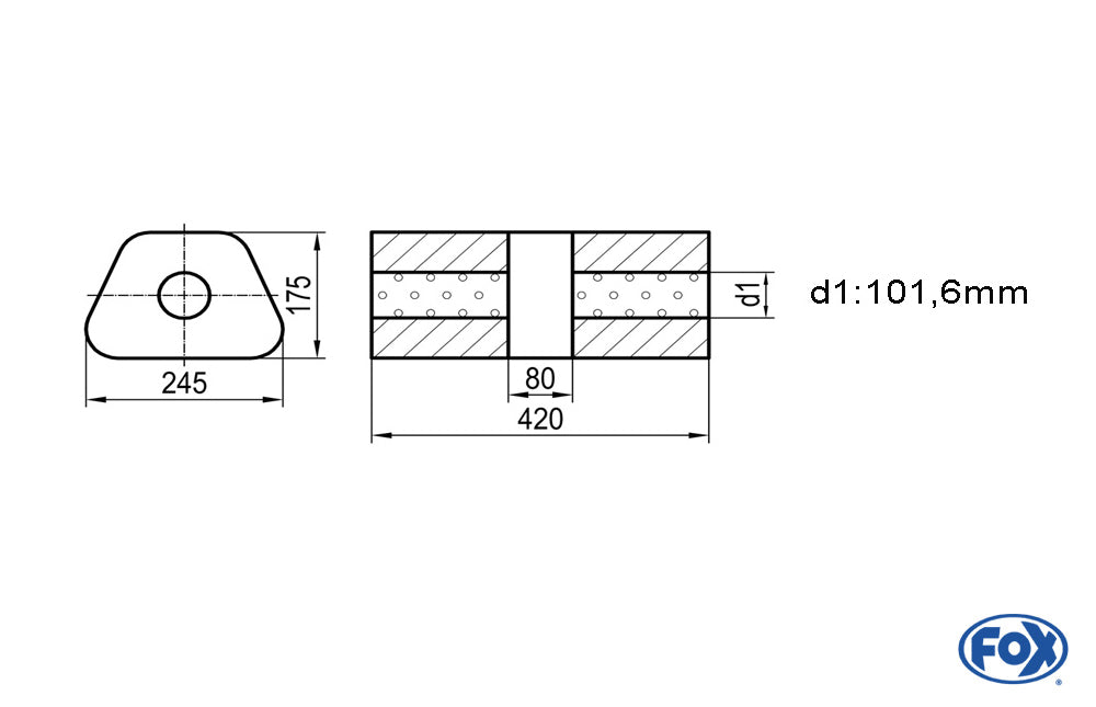 FOX Uni-Schalldämpfer trapez ohne Stutzen mit Kammer - Abw. 711 245x175mm, d1Ø 101,6mm, Länge: 420mm