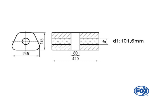 FOX Uni-Schalldämpfer trapez ohne Stutzen mit Kammer - Abw. 711 245x175mm, d1Ø 101,6mm, Länge: 420mm