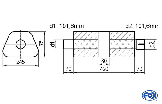 FOX Uni-Schalldämpfer trapez mit Kammer + Stutzen - Abw. 711 245x175mm, d1Ø 101,6mm (außen), d2Ø 101,6mm (innen), Länge: 420mm