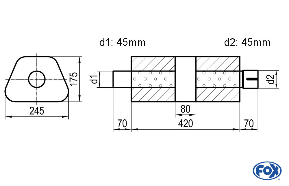 FOX Uni-Schalldämpfer trapez mit Kammer + Stutzen - Abw. 711 245x175mm, d1Ø 45mm (außen), d2Ø 45mm (innen), Länge: 420mm
